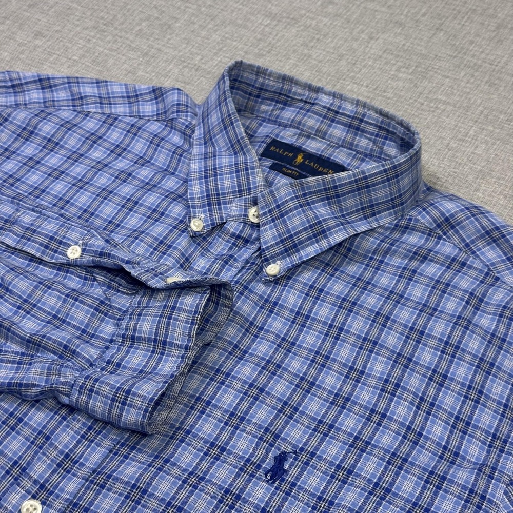 Ralph Lauren Slim Fit Button-Down Shirt Mens 2XL Blue Plaid Cotton Long Sleeve